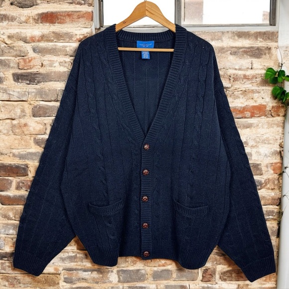 Vintage Cable Knit V Neck Button Down Pocket Oversized Slouchy Grandpa Sweater - Picture 2 of 9